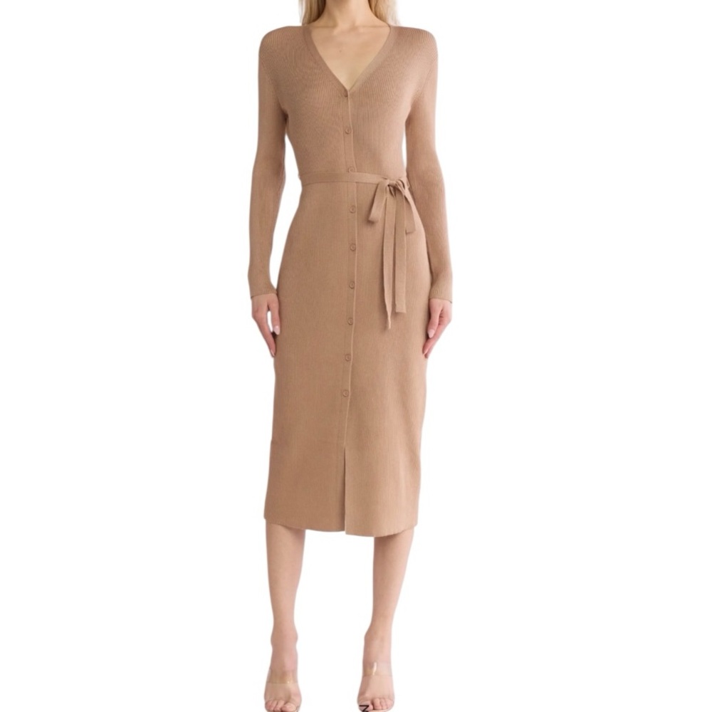 Lucky Brand Tan Ribbed Midi Sweater Dress Size XL Button Front Waist Tie